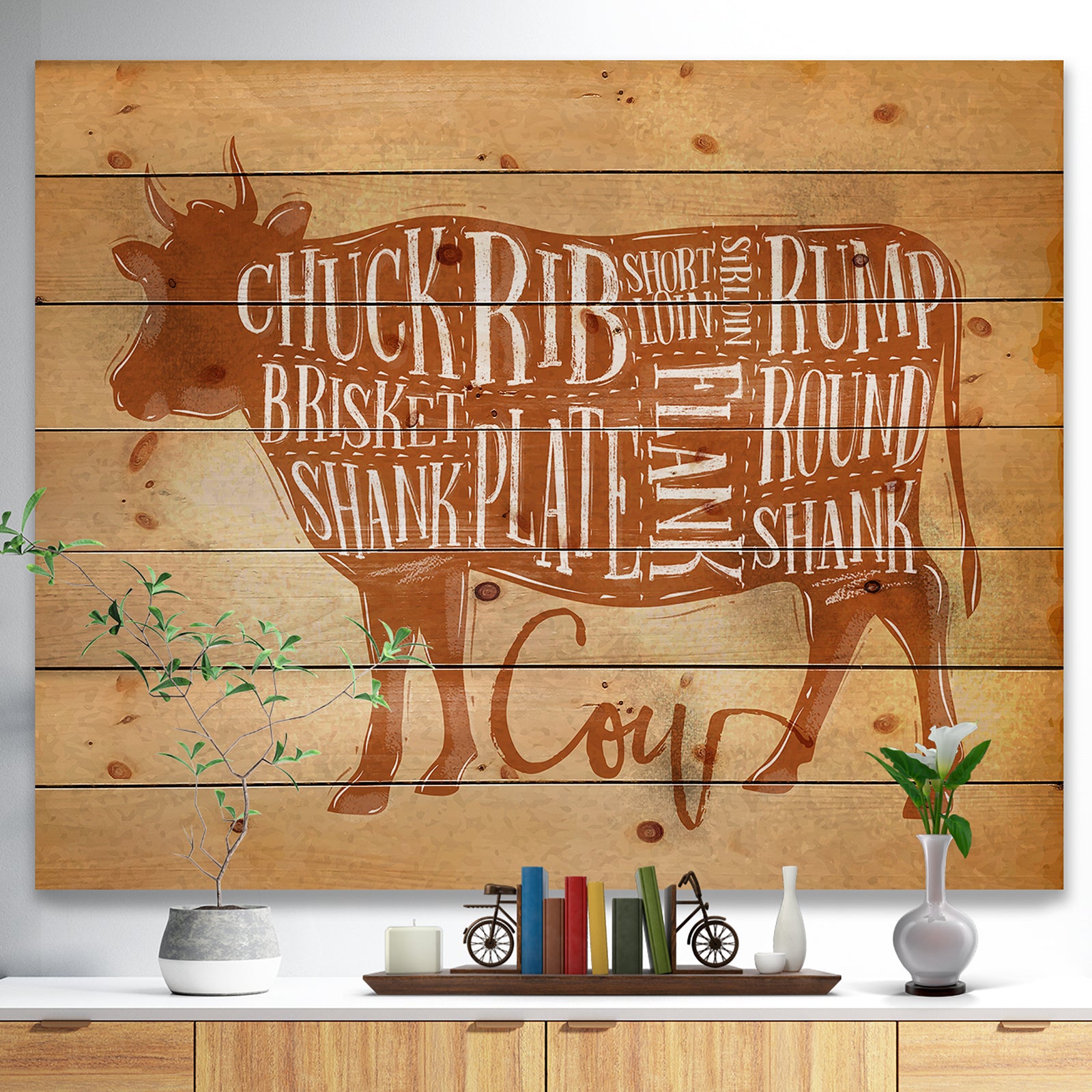 Beef cutting scheme craft - Farmhouse Animal Painting Print on Natural Pine Wood
