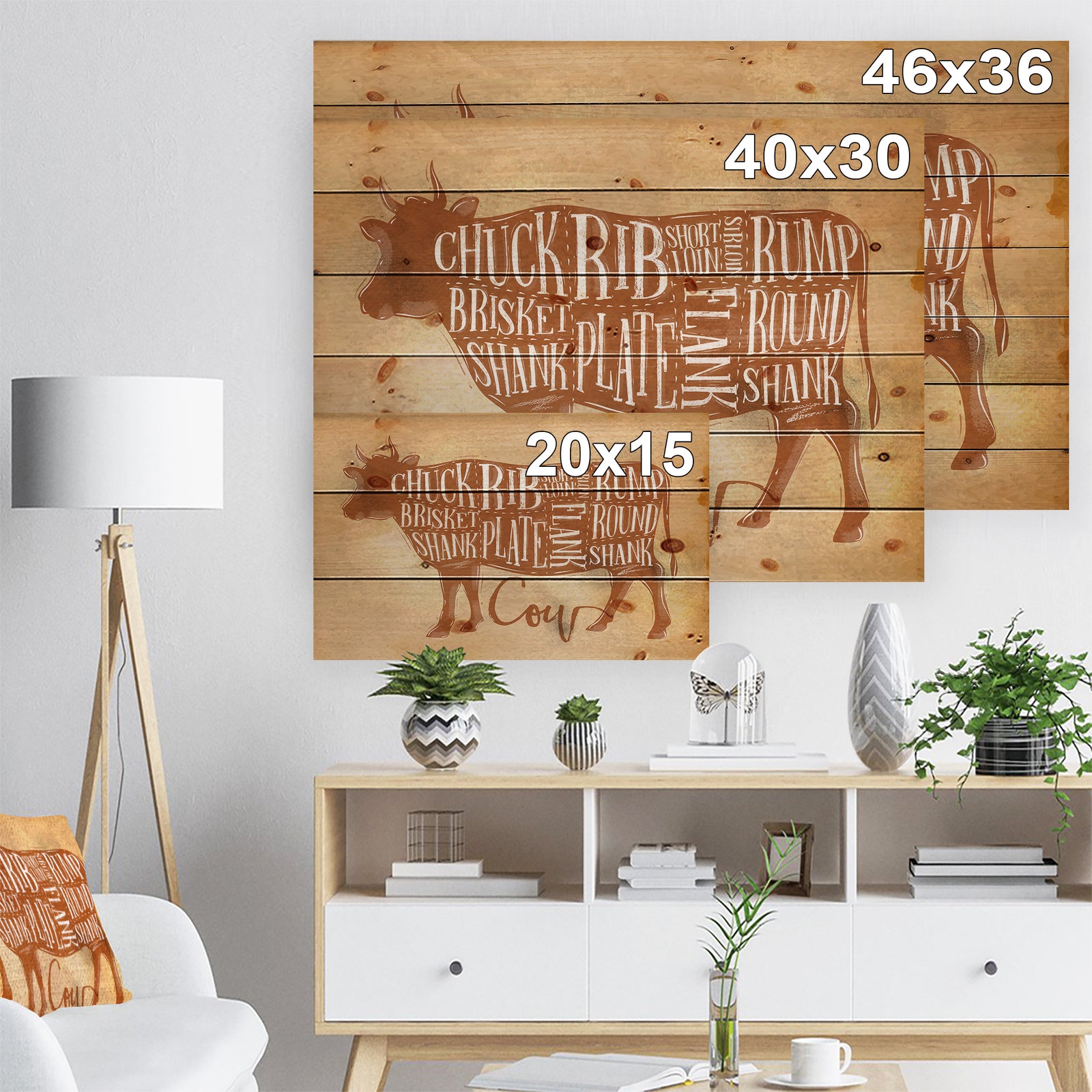 Beef cutting scheme craft - Farmhouse Animal Painting Print on Natural Pine Wood