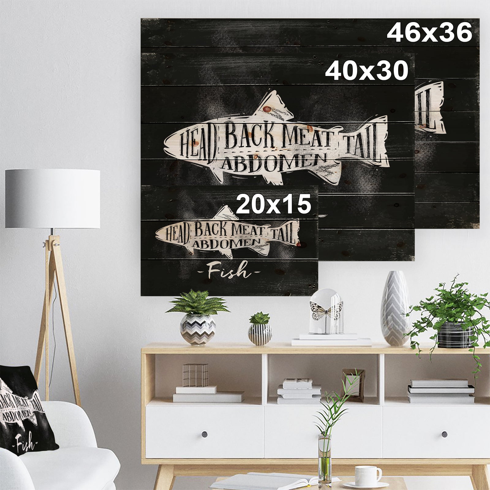 Fish cutting scheme chalk - Animals Painting Print on Natural Pine Wood