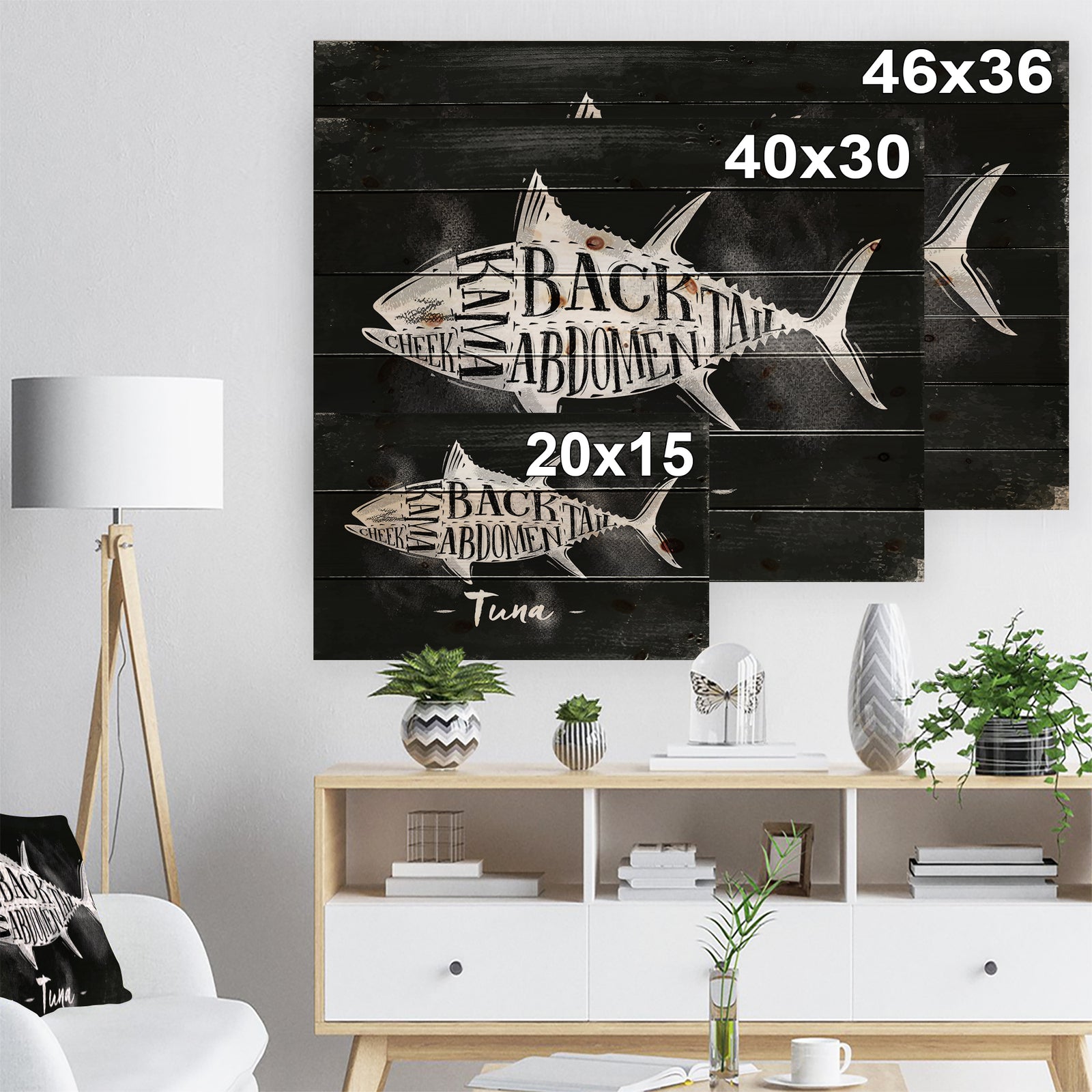 Tuna cutting scheme chalk - Farmhouse Animal Painting Print on Natural Pine Wood