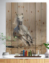 Grey arabian horse run in dust - Animals photographyPrint Print on Natural Pine Wood
