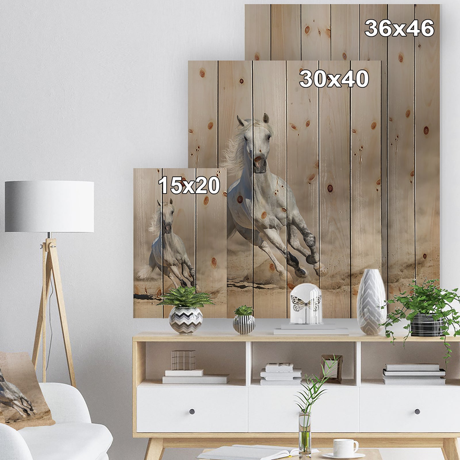Grey arabian horse run in dust - Animals photographyPrint Print on Natural Pine Wood