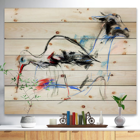 Stork and llama - Animals Sketch Painting Print on Natural Pine Wood
