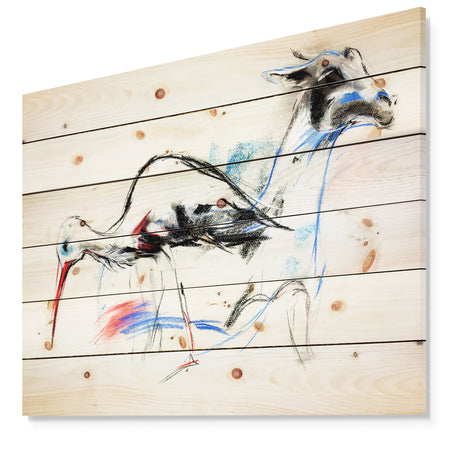 Stork and llama - Animals Sketch Painting Print on Natural Pine Wood