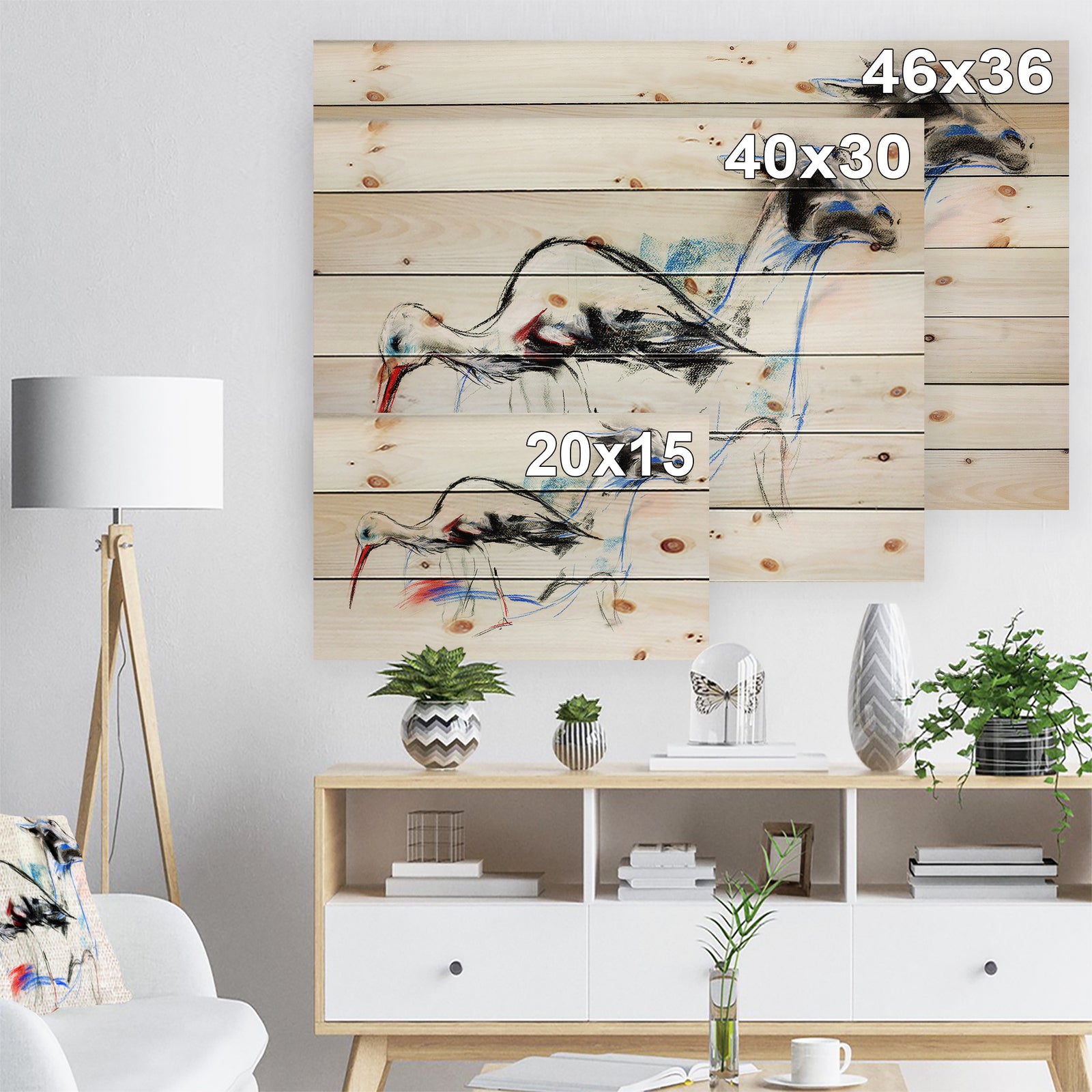 Stork and llama - Animals Sketch Painting Print on Natural Pine Wood
