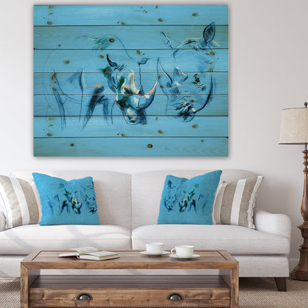 Rhinoceros painting in Blue Background - Animals Sketch Painting Print on Natural Pine Wood