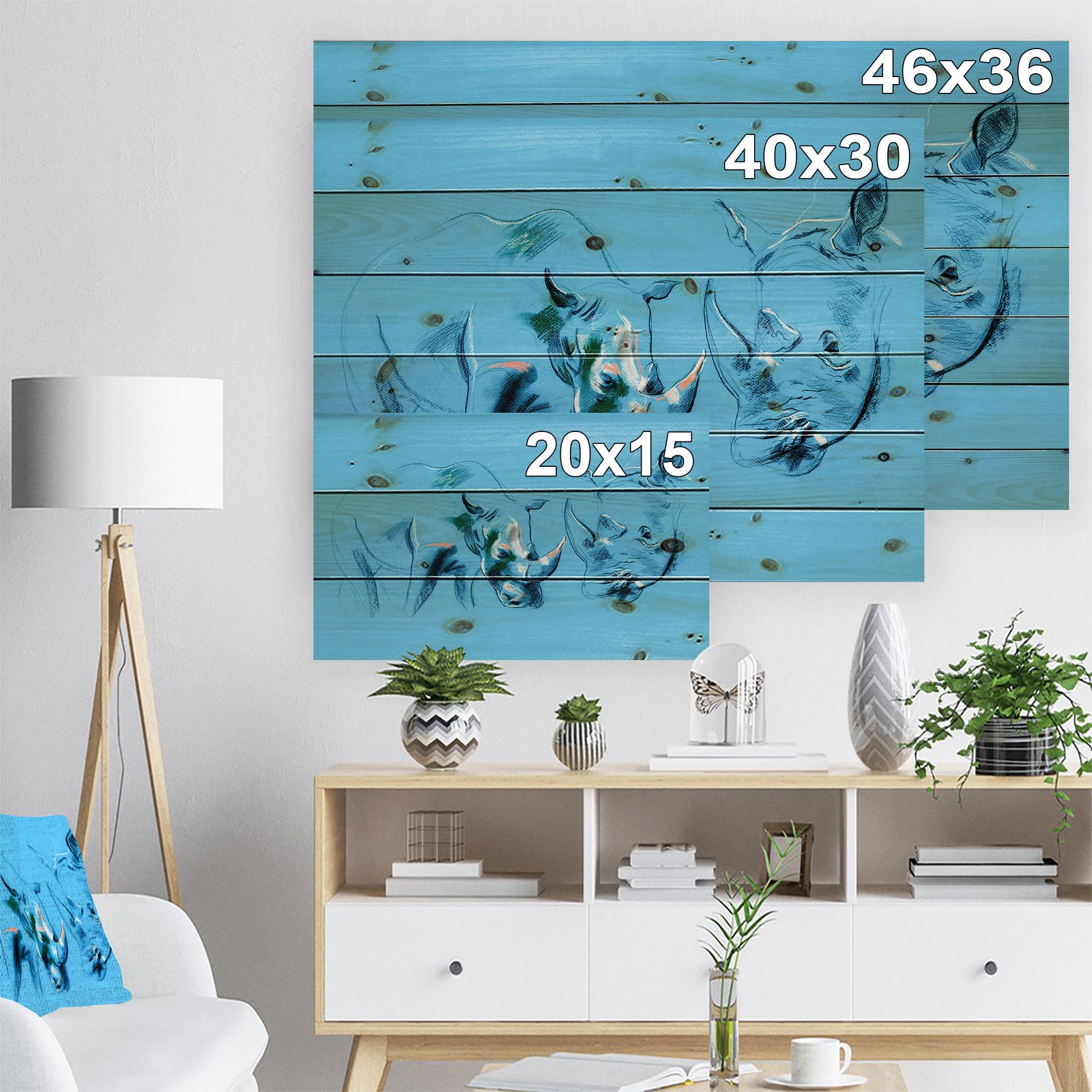 Rhinoceros painting in Blue Background - Animals Sketch Painting Print on Natural Pine Wood