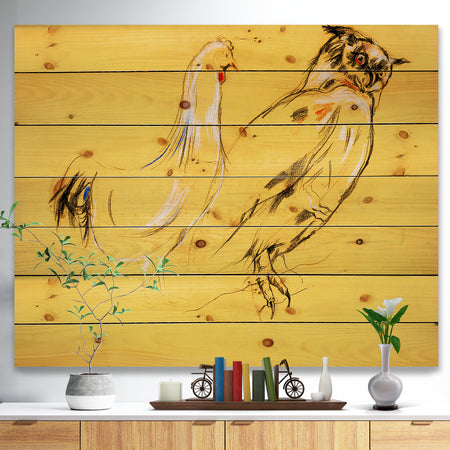 Owl and rooster painting - Animals Sketch Painting Print on Natural Pine Wood