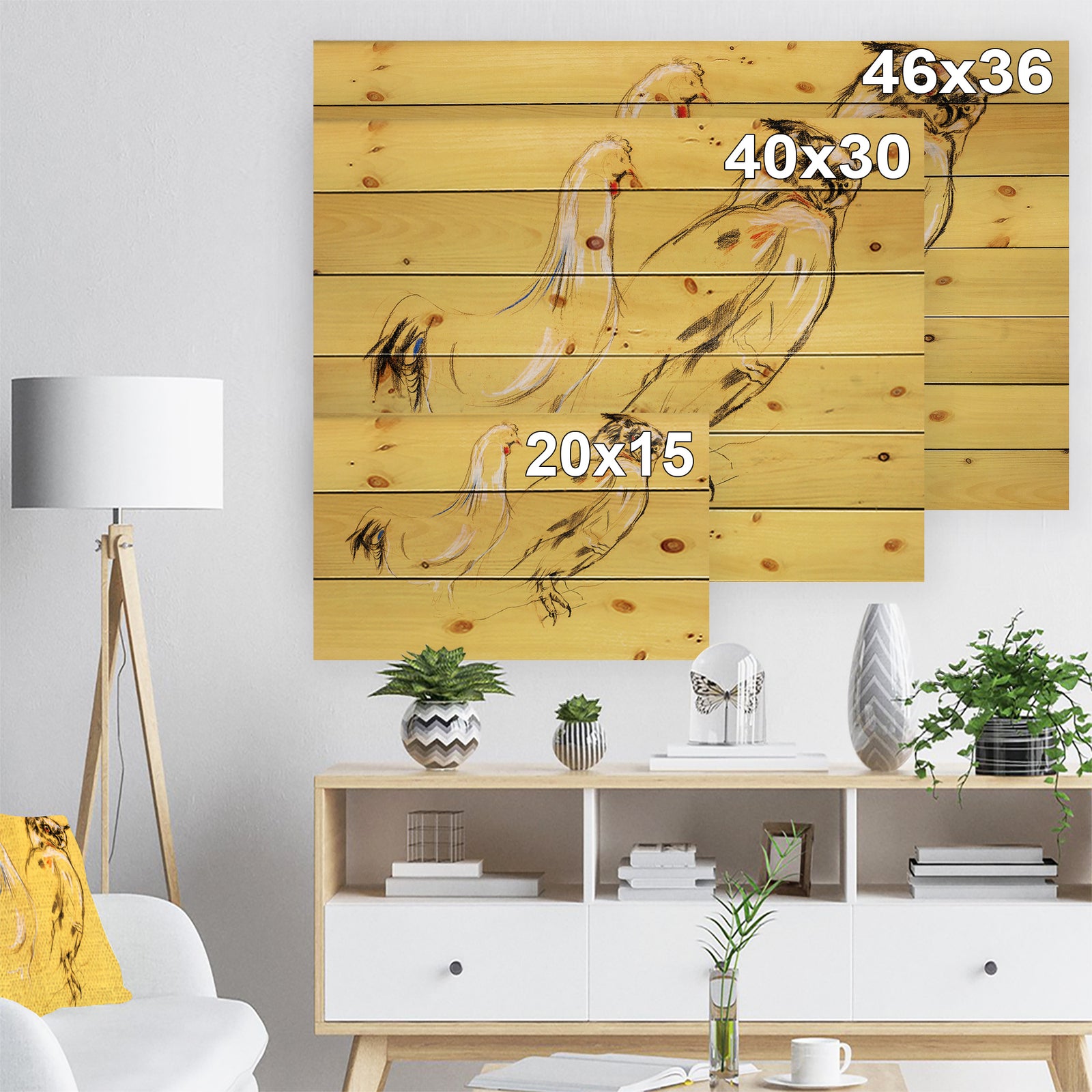 Owl and rooster painting - Animals Sketch Painting Print on Natural Pine Wood