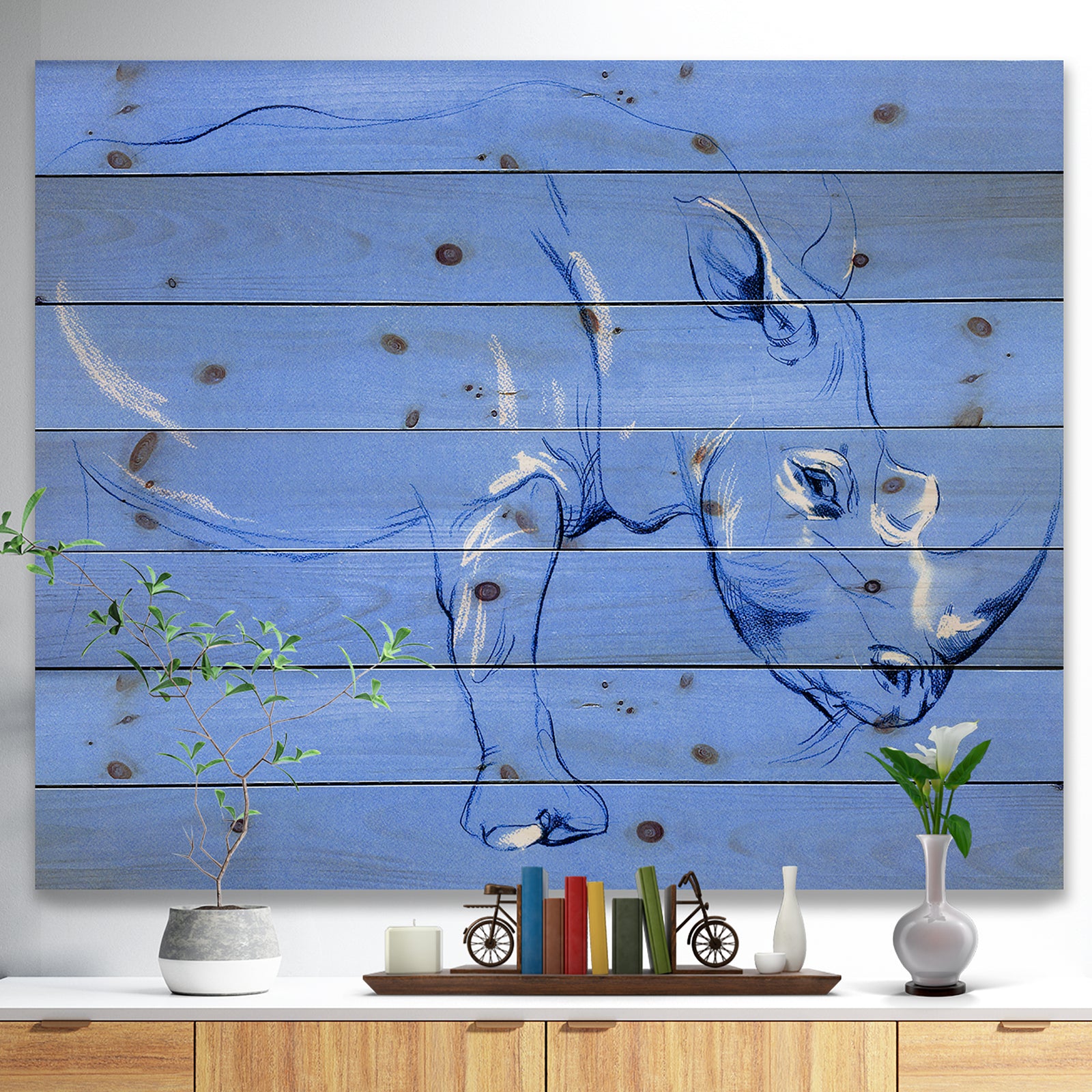 Rhinoceros painting - Animals Sketch Painting Print on Natural Pine Wood