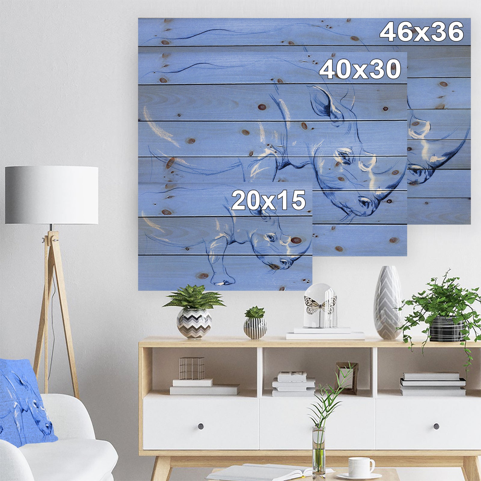 Rhinoceros painting - Animals Sketch Painting Print on Natural Pine Wood