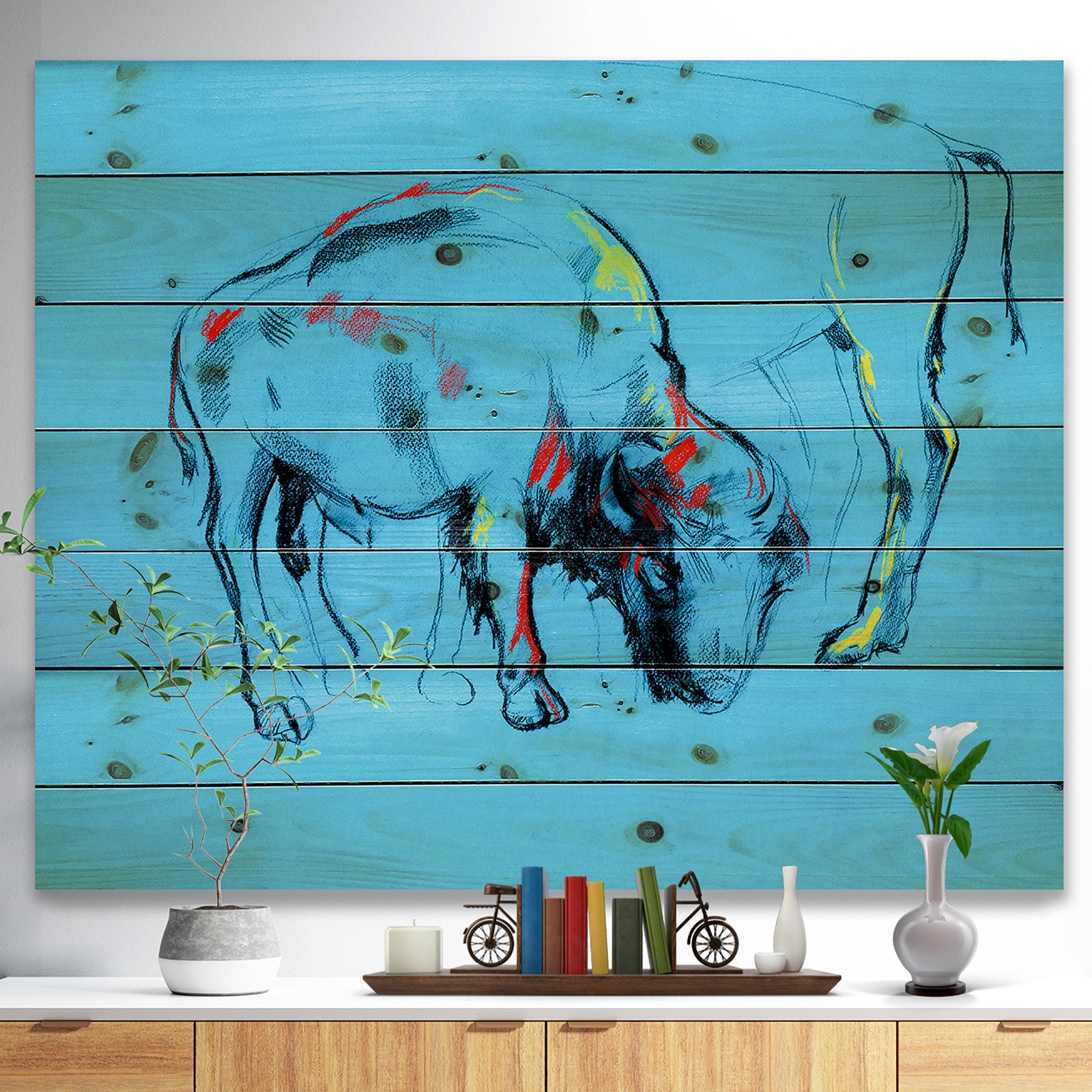 Buffalo painting in Blue background - Animals Sketch Painting Print on Natural Pine Wood
