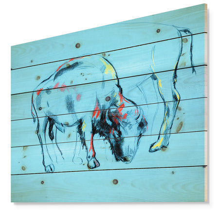 Buffalo painting in Blue background - Animals Sketch Painting Print on Natural Pine Wood