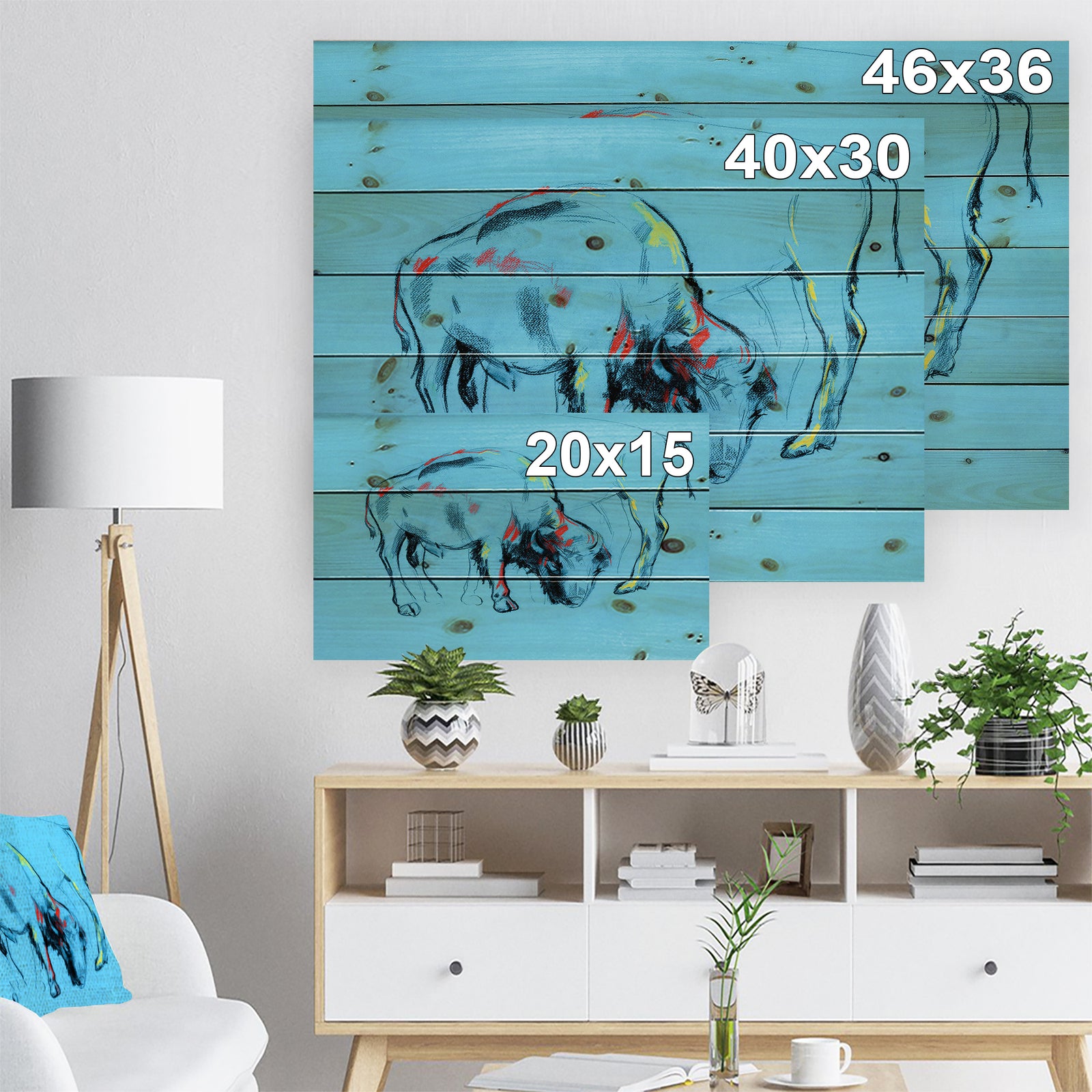 Buffalo painting in Blue background - Animals Sketch Painting Print on Natural Pine Wood