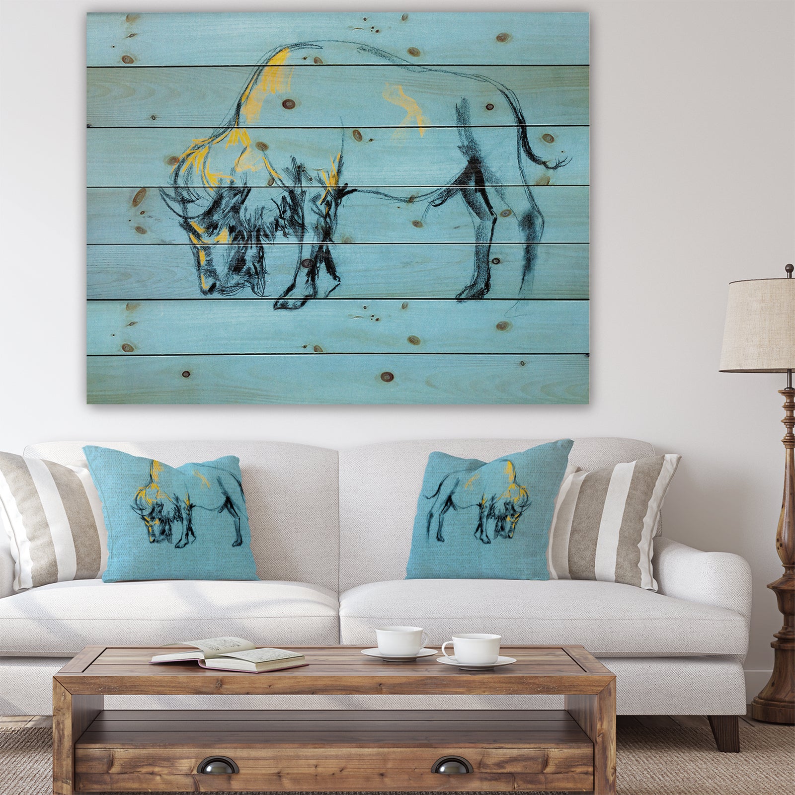 Buffalo painting - Animals Sketch Painting Print on Natural Pine Wood