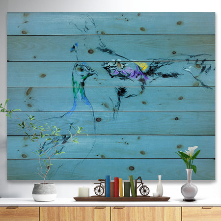 Peacock and peahen sketch - Animals Sketch Painting Print on Natural Pine Wood