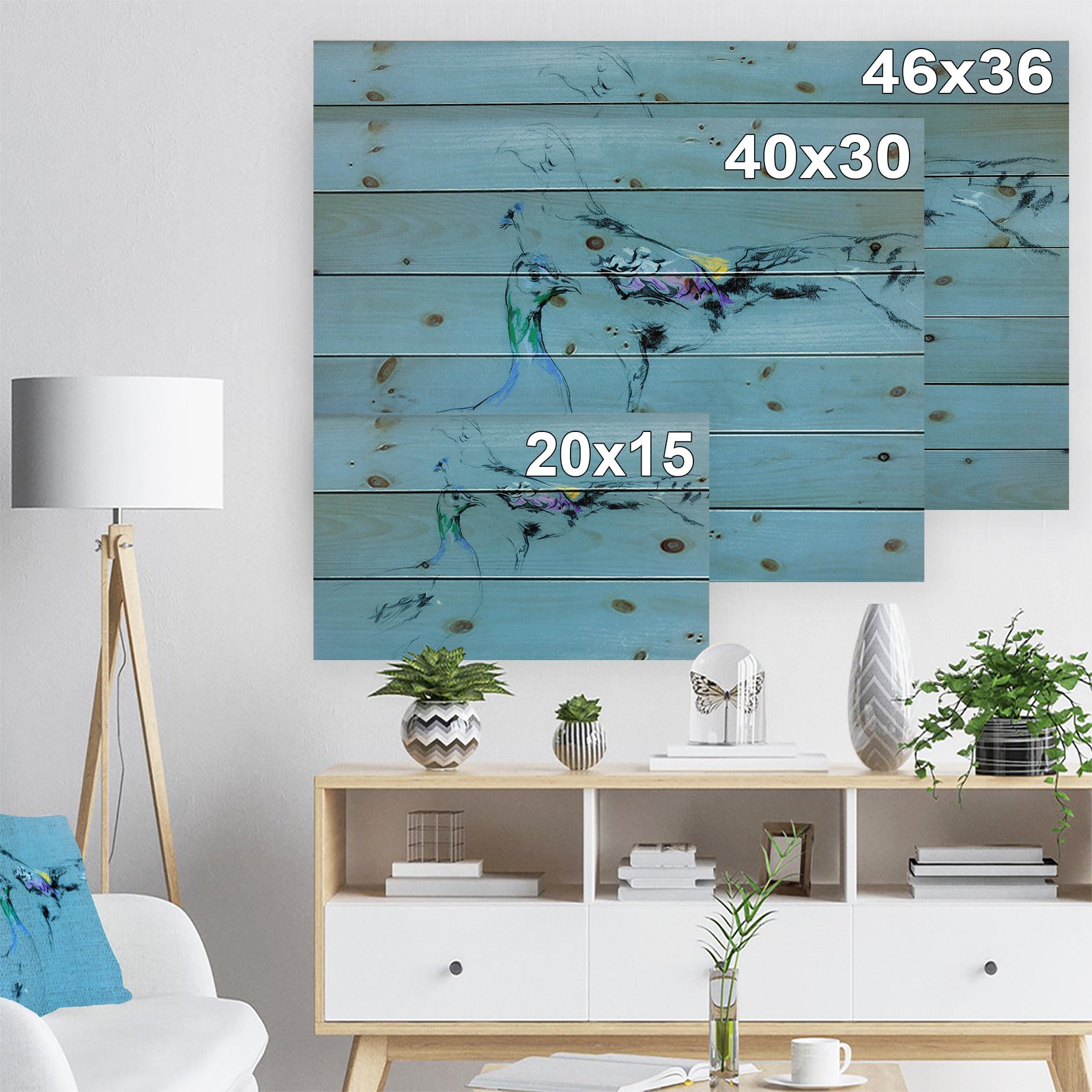 Peacock and peahen sketch - Animals Sketch Painting Print on Natural Pine Wood