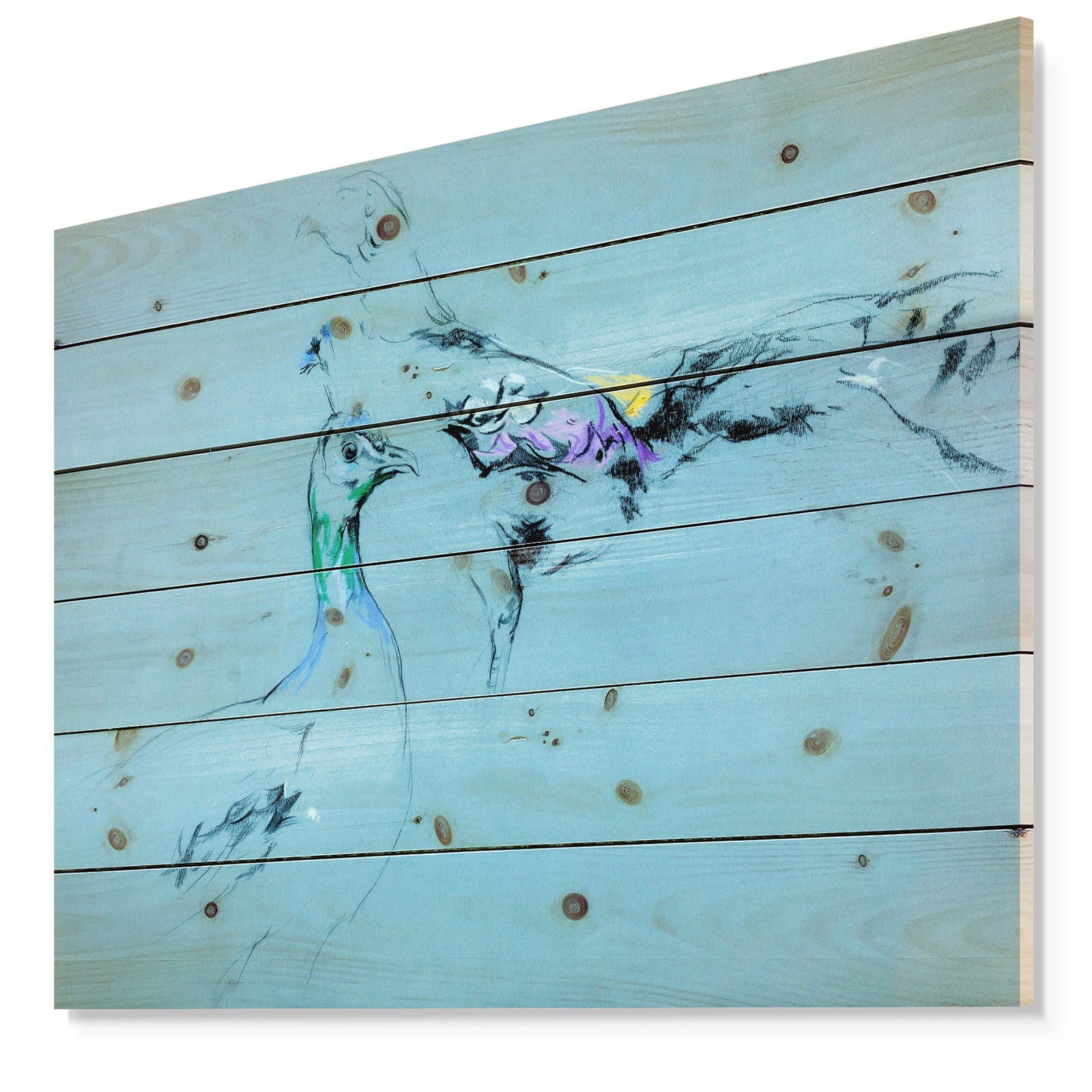 Peacock and peahen sketch - Animals Sketch Painting Print on Natural Pine Wood