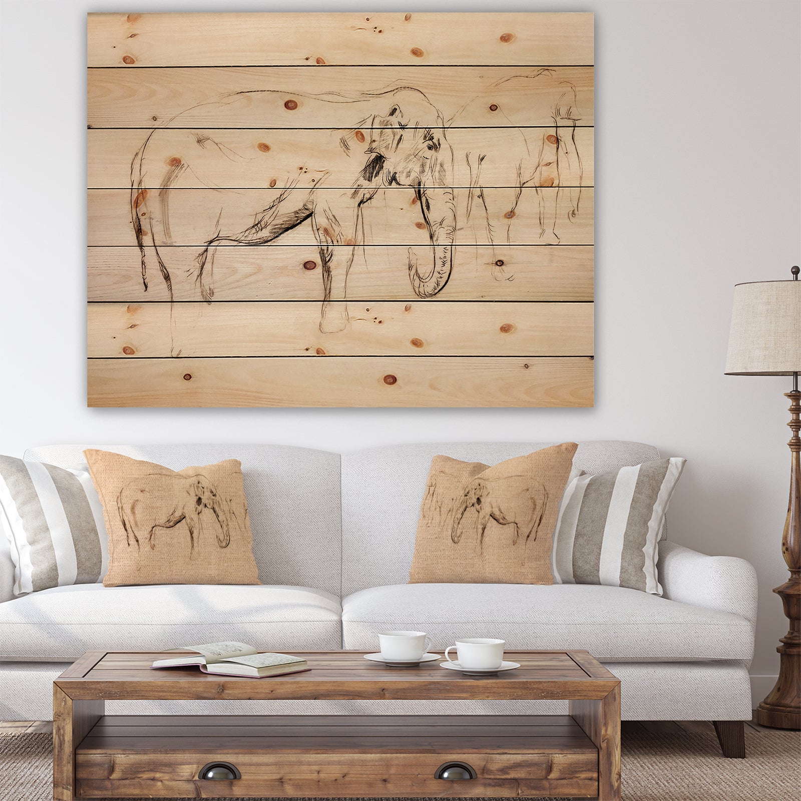 Elephant sketch - Animals Sketch Painting Print on Natural Pine Wood