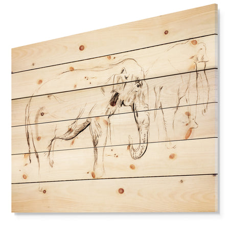 Elephant sketch - Animals Sketch Painting Print on Natural Pine Wood