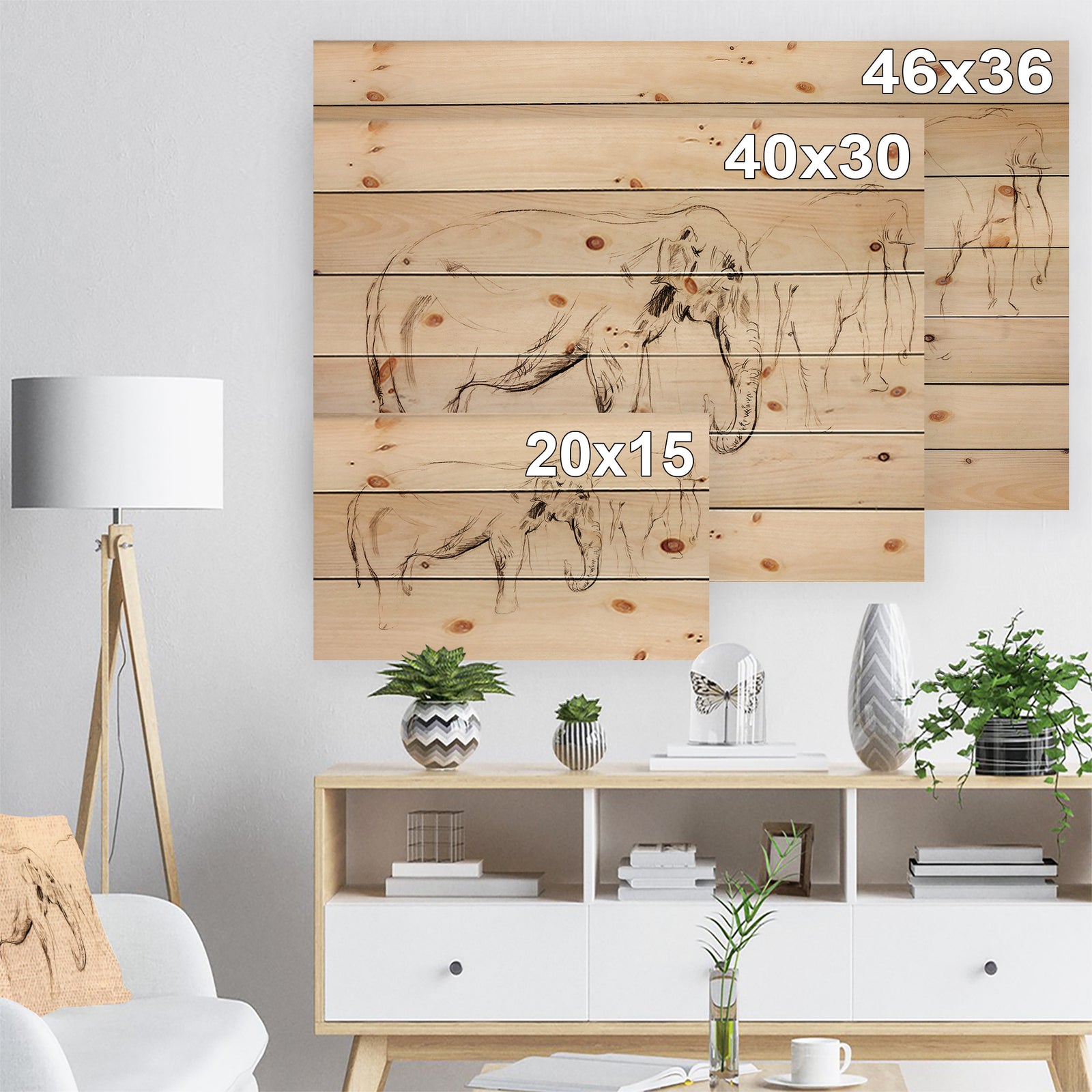 Elephant sketch - Animals Sketch Painting Print on Natural Pine Wood