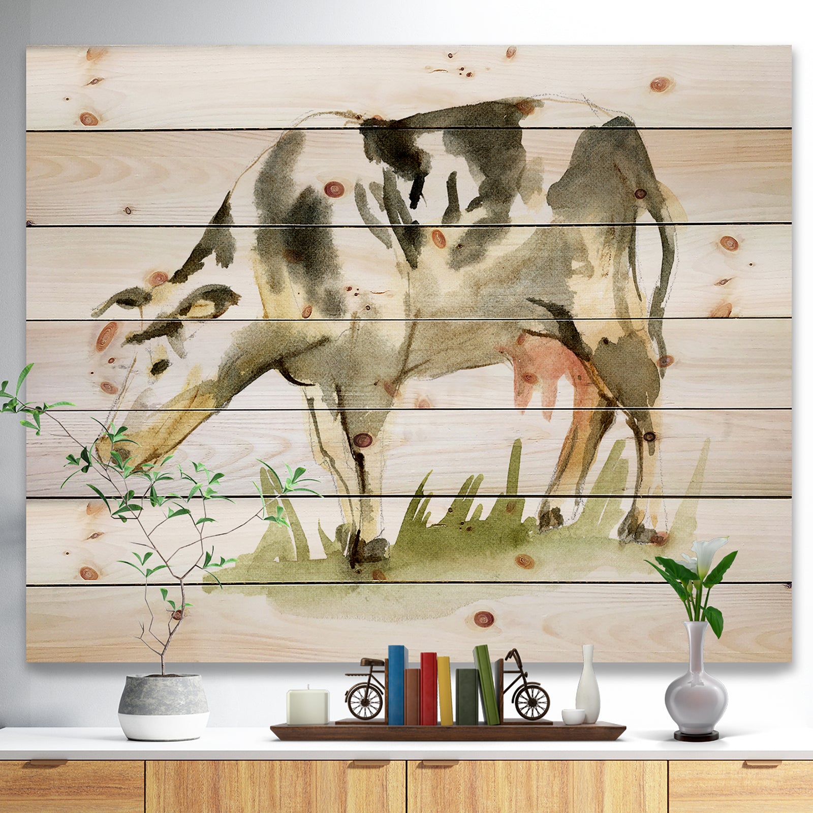 Watercolor spotted cow - Farmhouse Sketch Painting Print on Natural Pine Wood