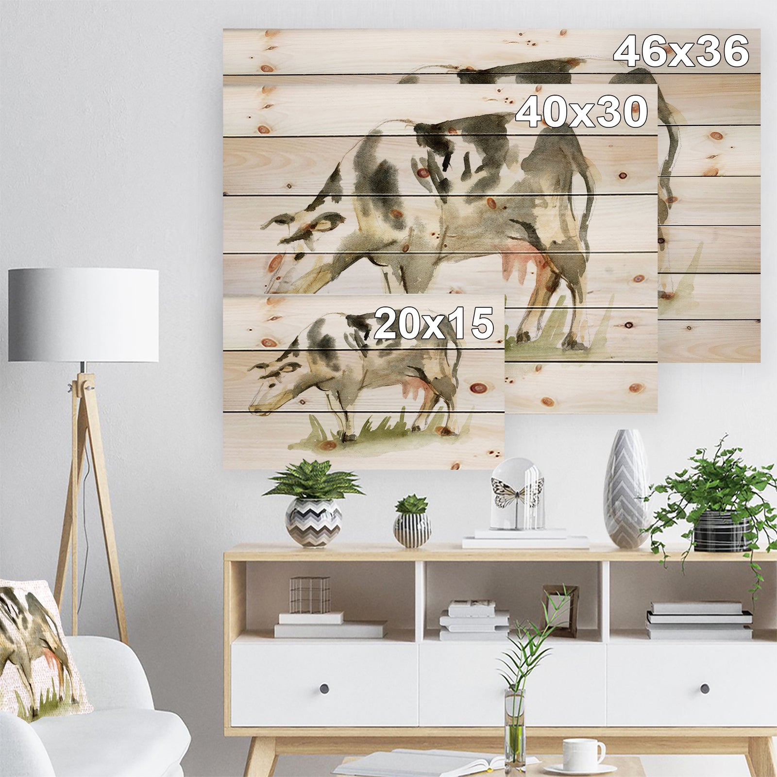 Watercolor spotted cow - Farmhouse Sketch Painting Print on Natural Pine Wood
