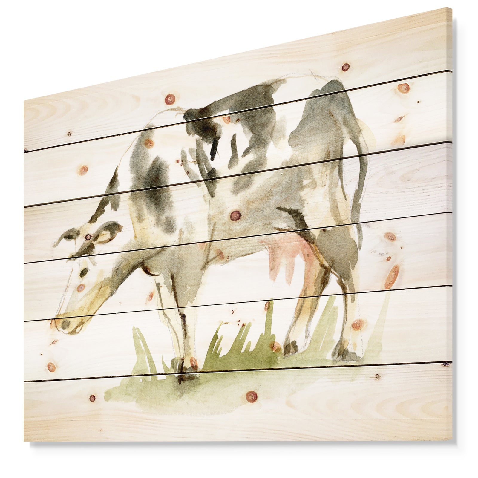 Watercolor spotted cow - Farmhouse Sketch Painting Print on Natural Pine Wood