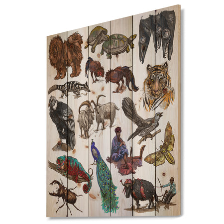 Farmers in Freehand sketching - Sketch of Farmhouse Animals of Painting Print on Natural Pine Wood