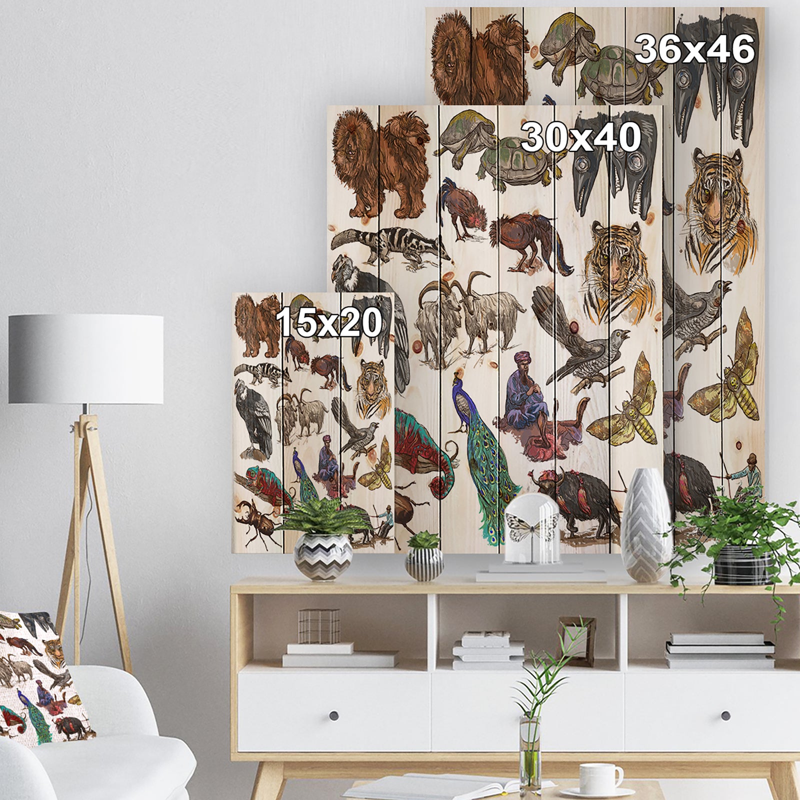 Farmers in Freehand sketching - Sketch of Farmhouse Animals of Painting Print on Natural Pine Wood