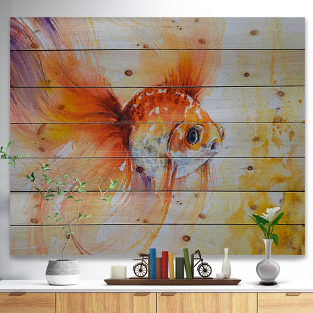 Orange Glodfish in water - Animals Painting Print on Natural Pine Wood