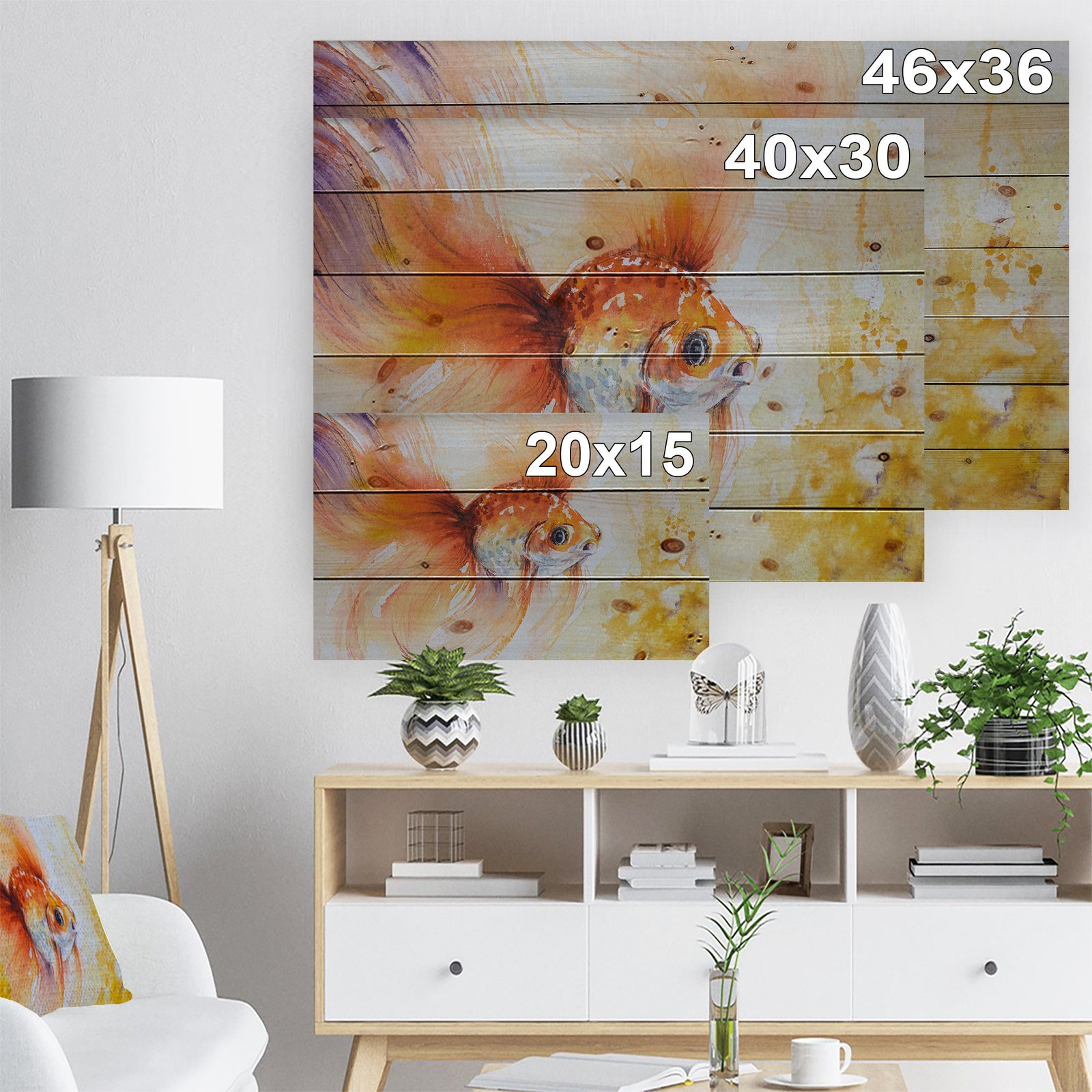 Orange Glodfish in water - Animals Painting Print on Natural Pine Wood