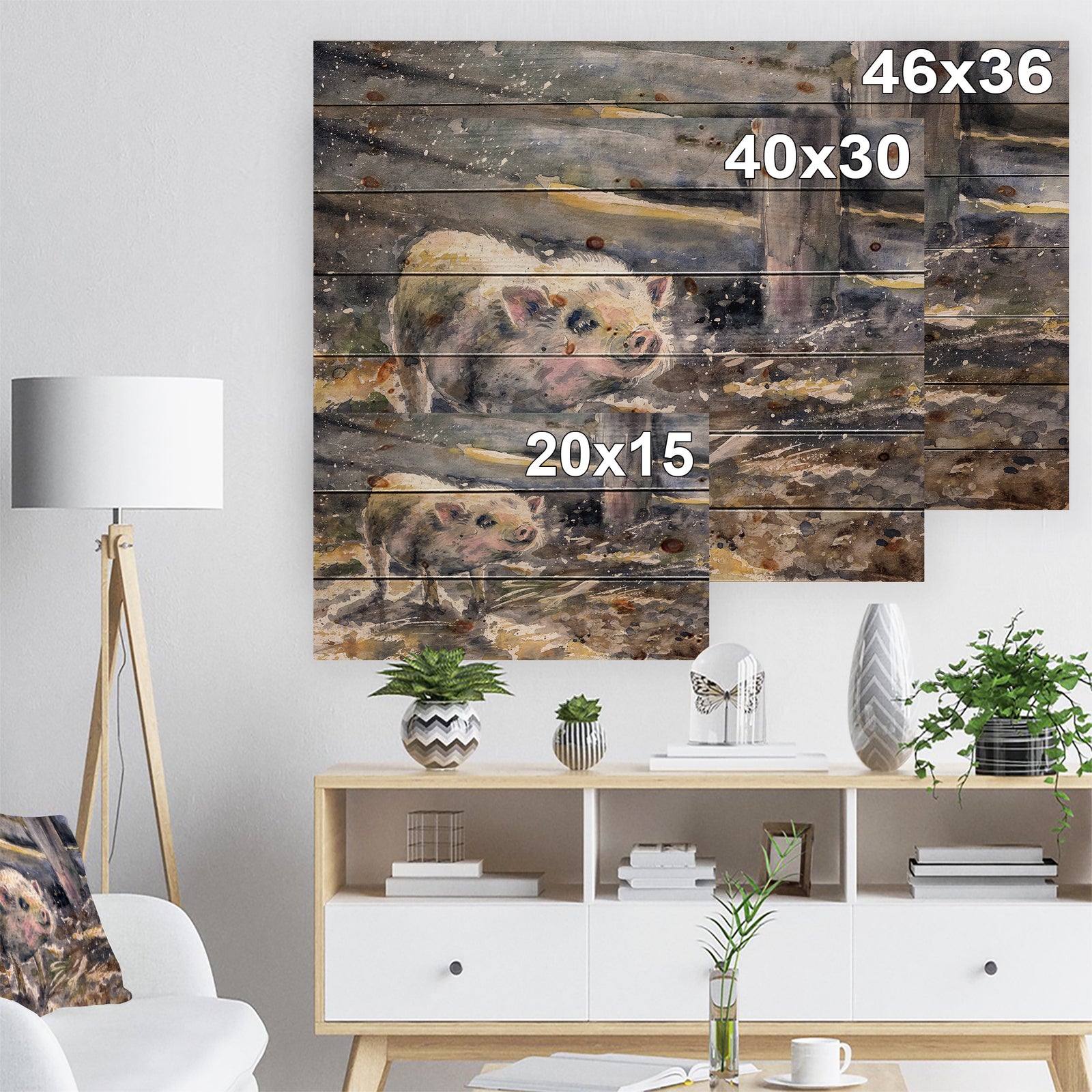 Pig watercolors painted - Farmhouse Animal Painting Print on Natural Pine Wood