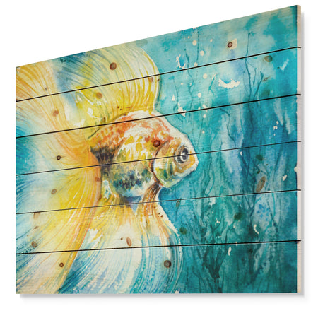 Goldfish in water - Animals Painting Print on Natural Pine Wood