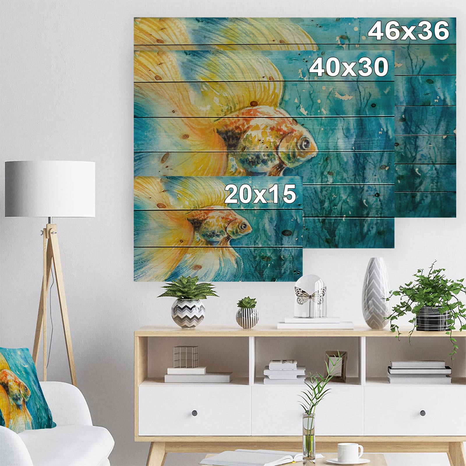 Goldfish in water - Animals Painting Print on Natural Pine Wood