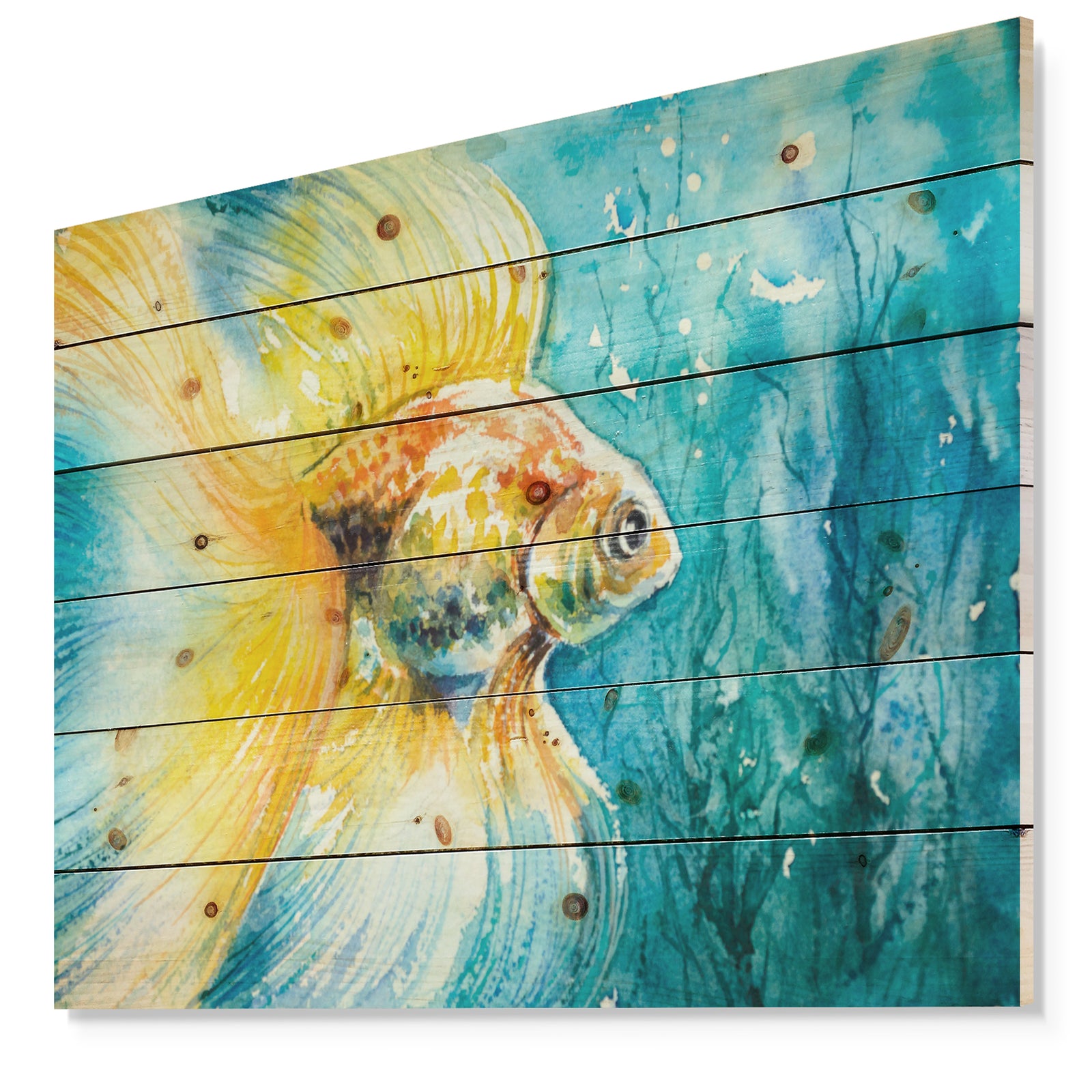 Goldfish in water - Animals Painting Print on Natural Pine Wood