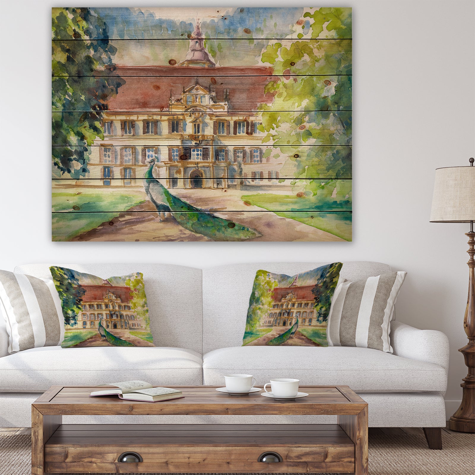 Peacock in park - Farmhouse Animal Painting Print on Natural Pine Wood