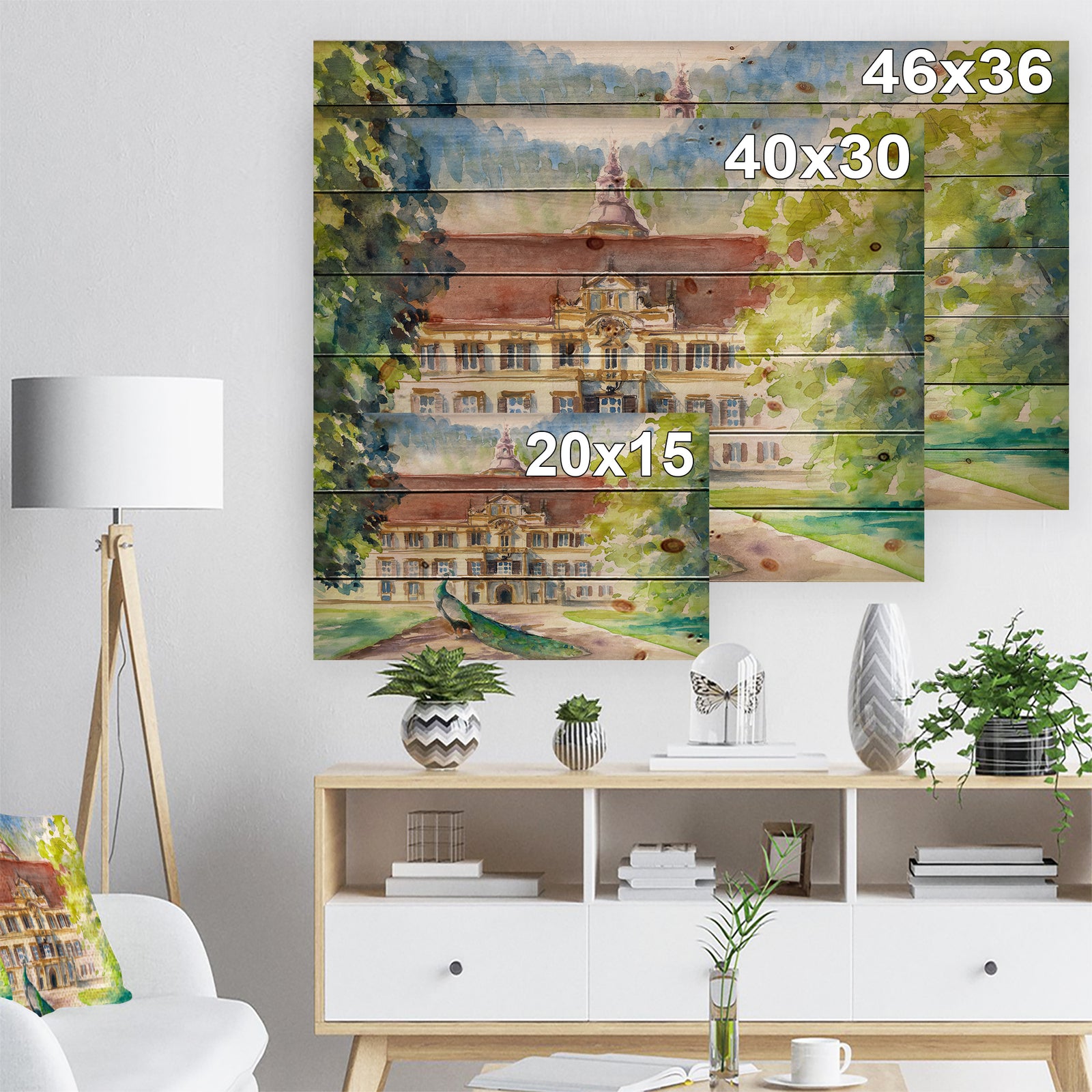 Peacock in park - Farmhouse Animal Painting Print on Natural Pine Wood