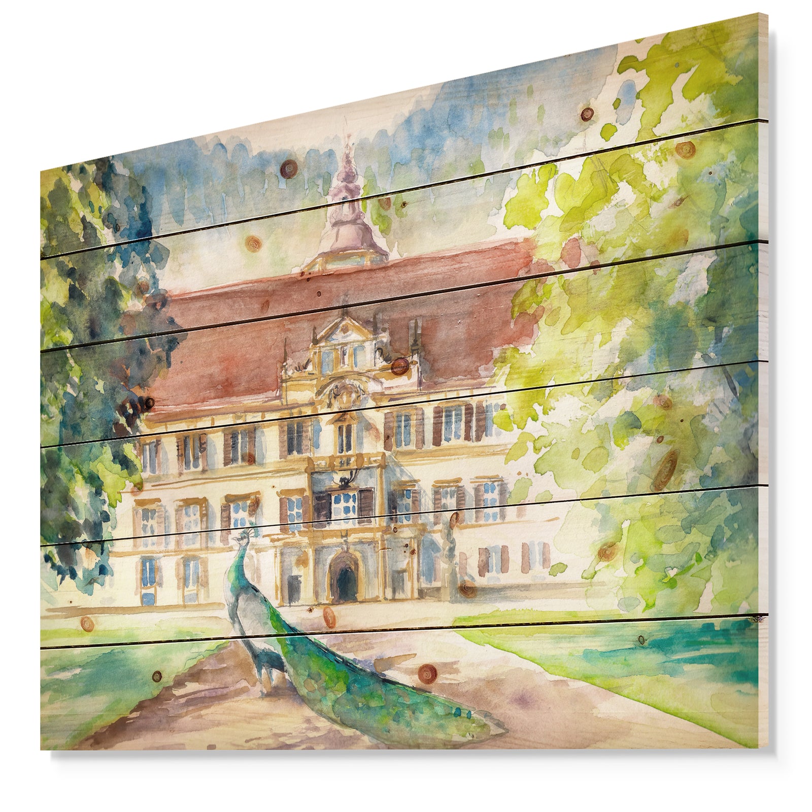 Peacock in park - Farmhouse Animal Painting Print on Natural Pine Wood