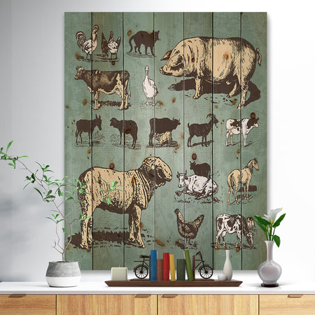 Farm animals vintage set - Sketch of Farmhouse Animals of Painting Print on Natural Pine Wood