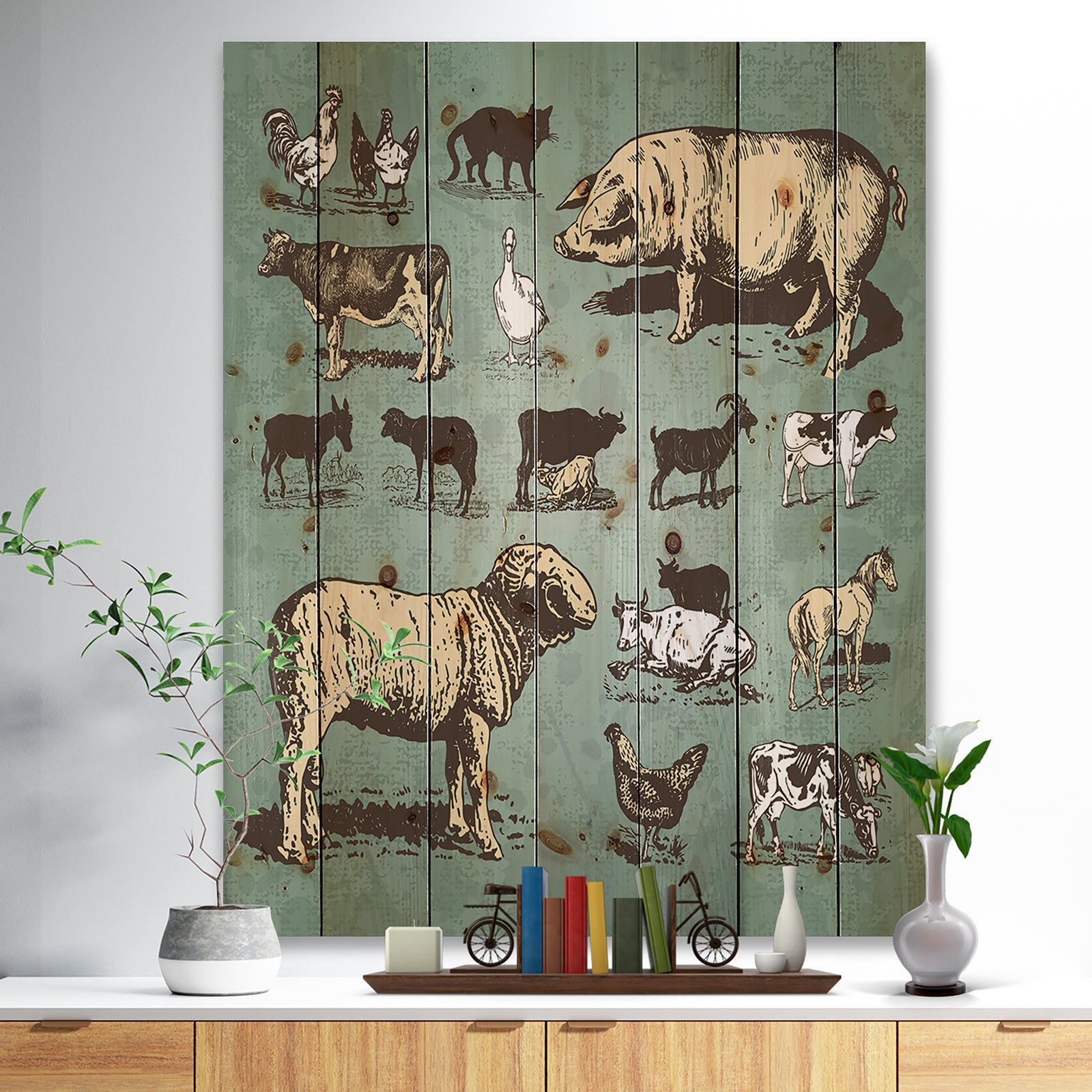 Farm animals vintage set - Sketch of Farmhouse Animals of Painting Print on Natural Pine Wood