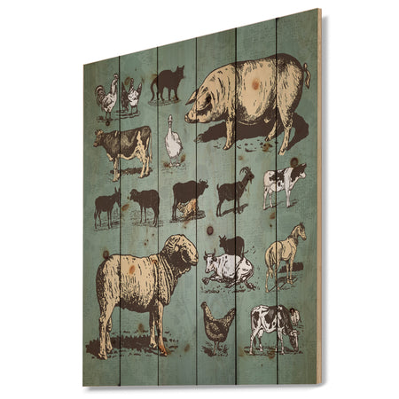 Farm animals vintage set - Sketch of Farmhouse Animals of Painting Print on Natural Pine Wood