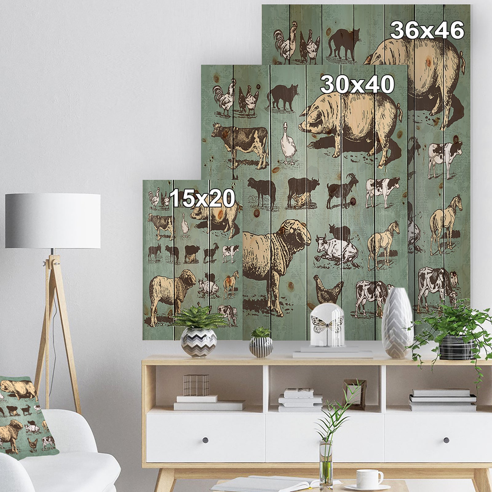 Farm animals vintage set - Sketch of Farmhouse Animals of Painting Print on Natural Pine Wood