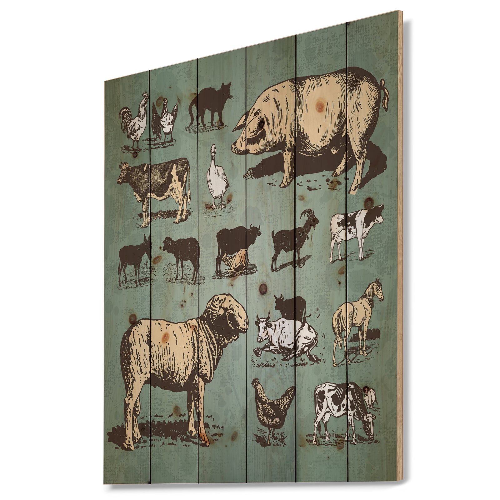 Farm animals vintage set - Sketch of Farmhouse Animals of Painting Print on Natural Pine Wood