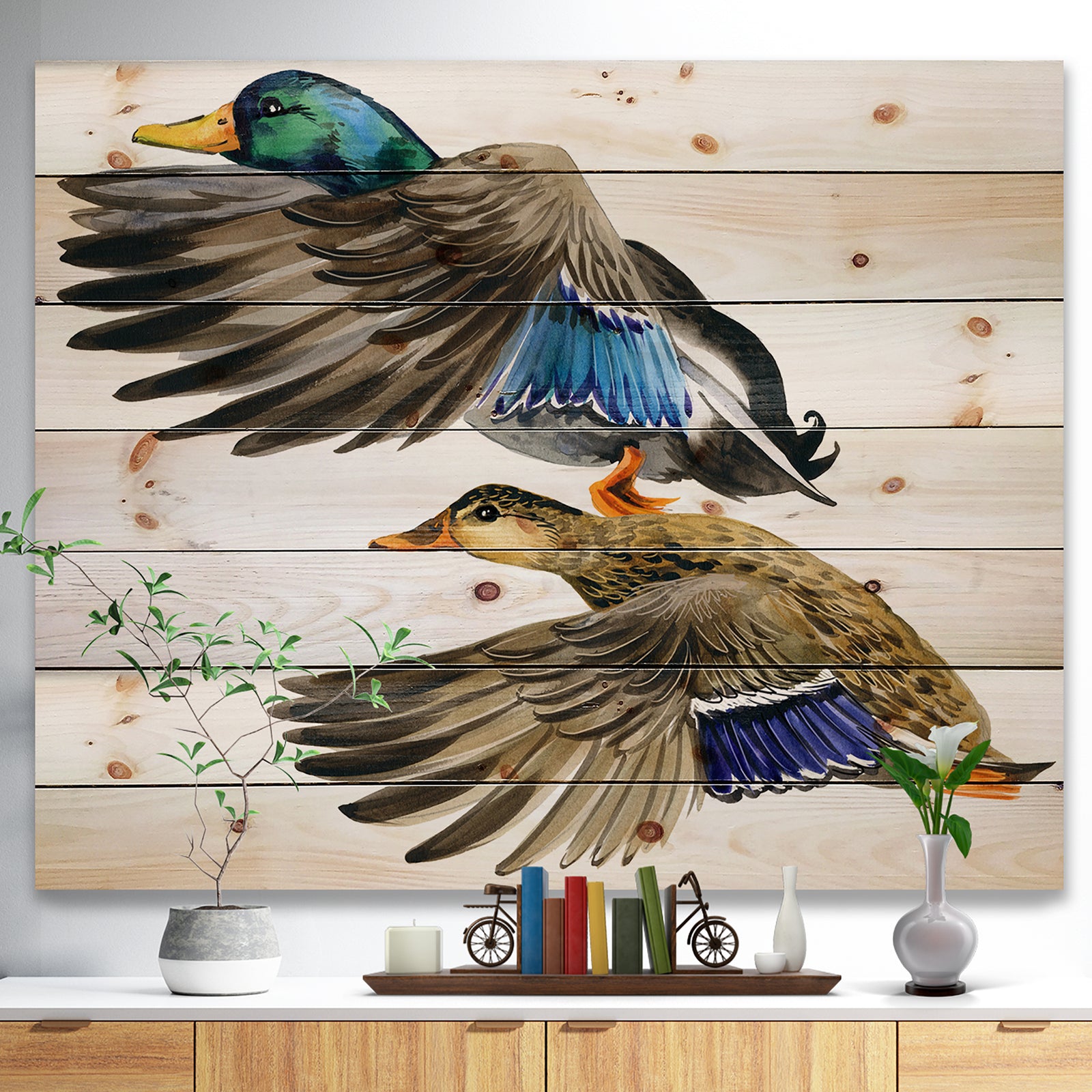 Colored Duck isolated on white background - Sketch of Farmhouse Animals of Painting Print on Natural Pine Wood
