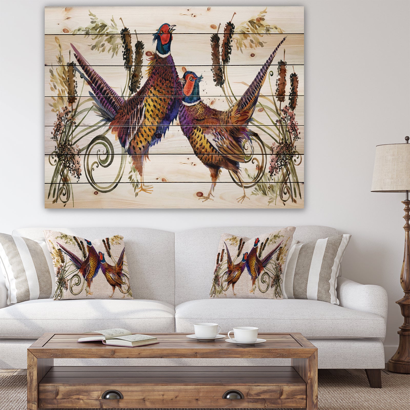 Group of Bird pheasant watercolor illustration - Farmhouse Animal Painting Print on Natural Pine Wood