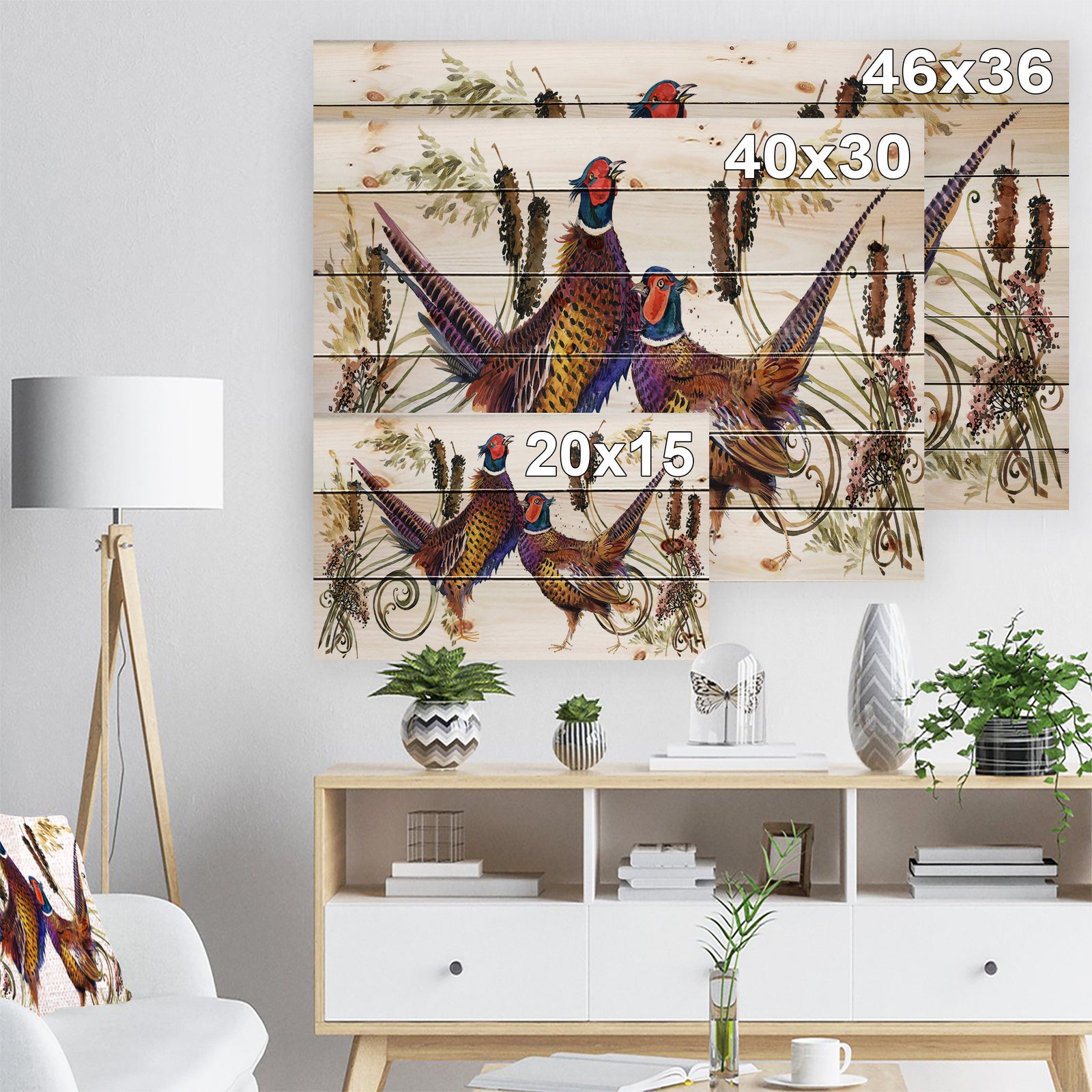 Group of Bird pheasant watercolor illustration - Farmhouse Animal Painting Print on Natural Pine Wood