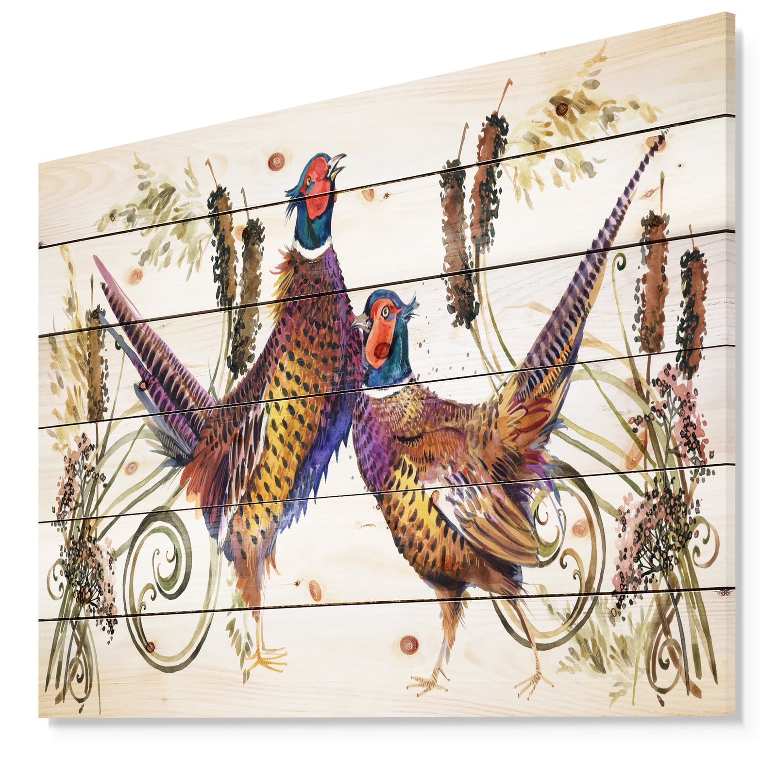 Group of Bird pheasant watercolor illustration - Farmhouse Animal Painting Print on Natural Pine Wood