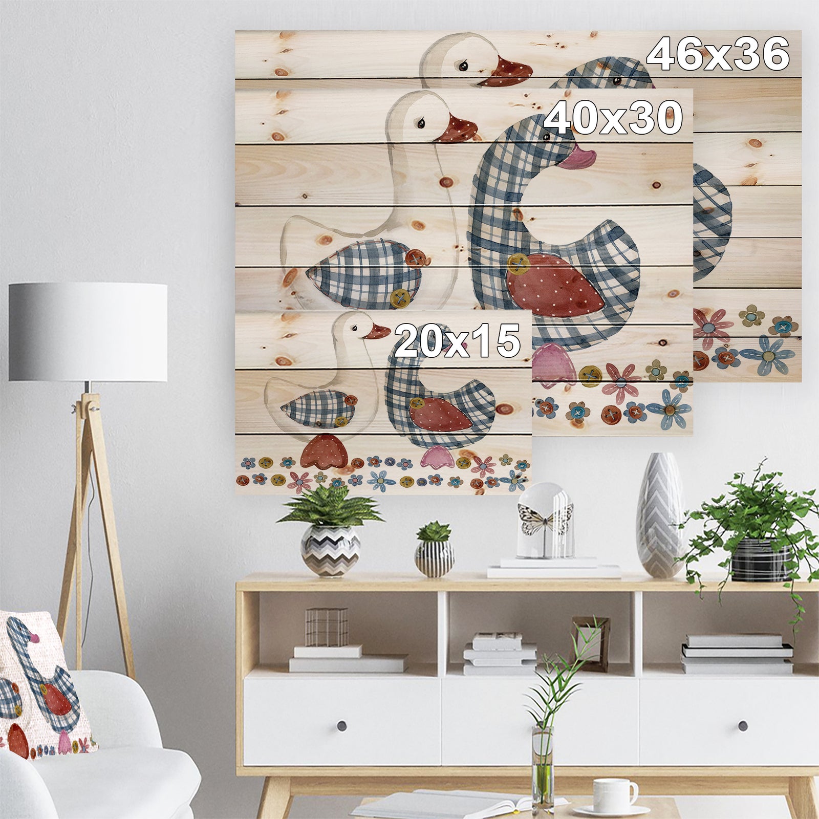 Goose. cartoon farm animal. cute pet watercolor illustration. - Animals Painting Print on Natural Pine Wood