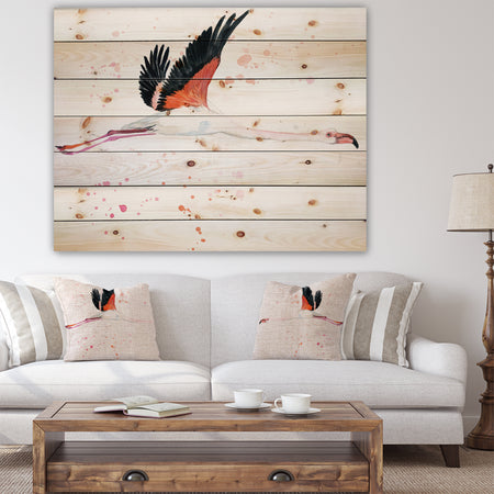 Watercolor pink flamingo - Animals Painting Print on Natural Pine Wood